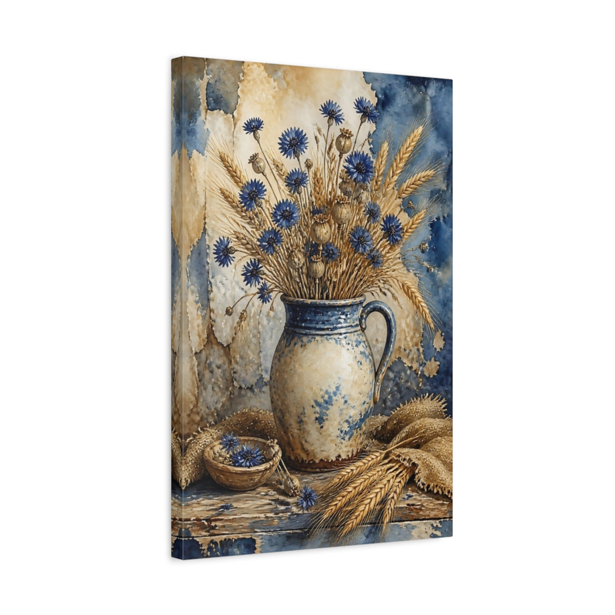 Side Mockup 3. Blue Cornflower Vase Bouquet shown as canvas print