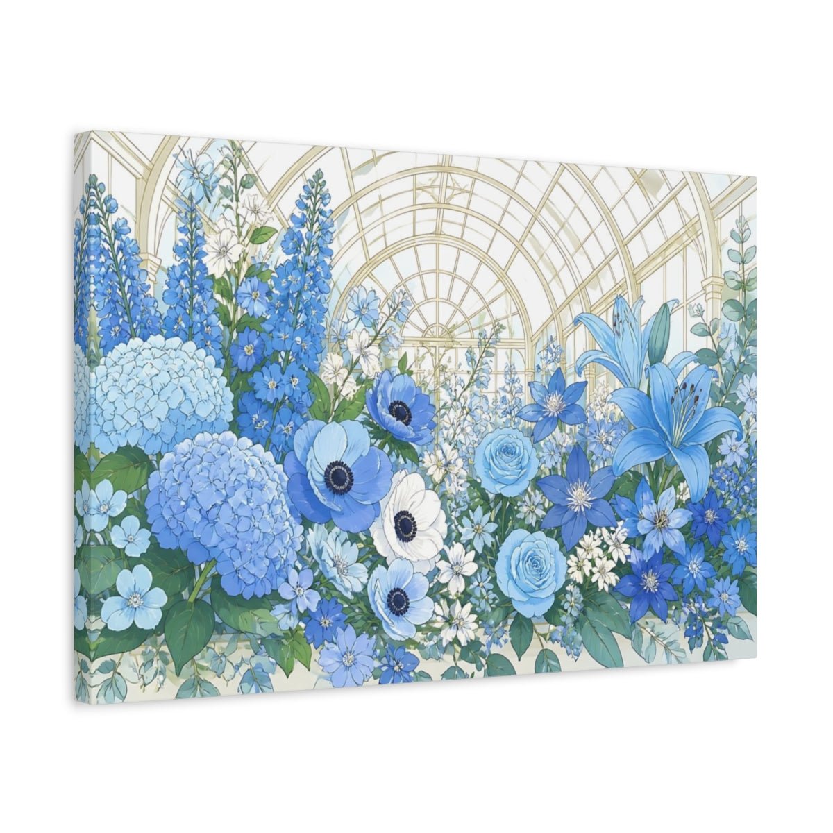 Blue Floral Conservatory Canvas Print Wall Art – Living Room Decor, Above Couch - YesArtYes