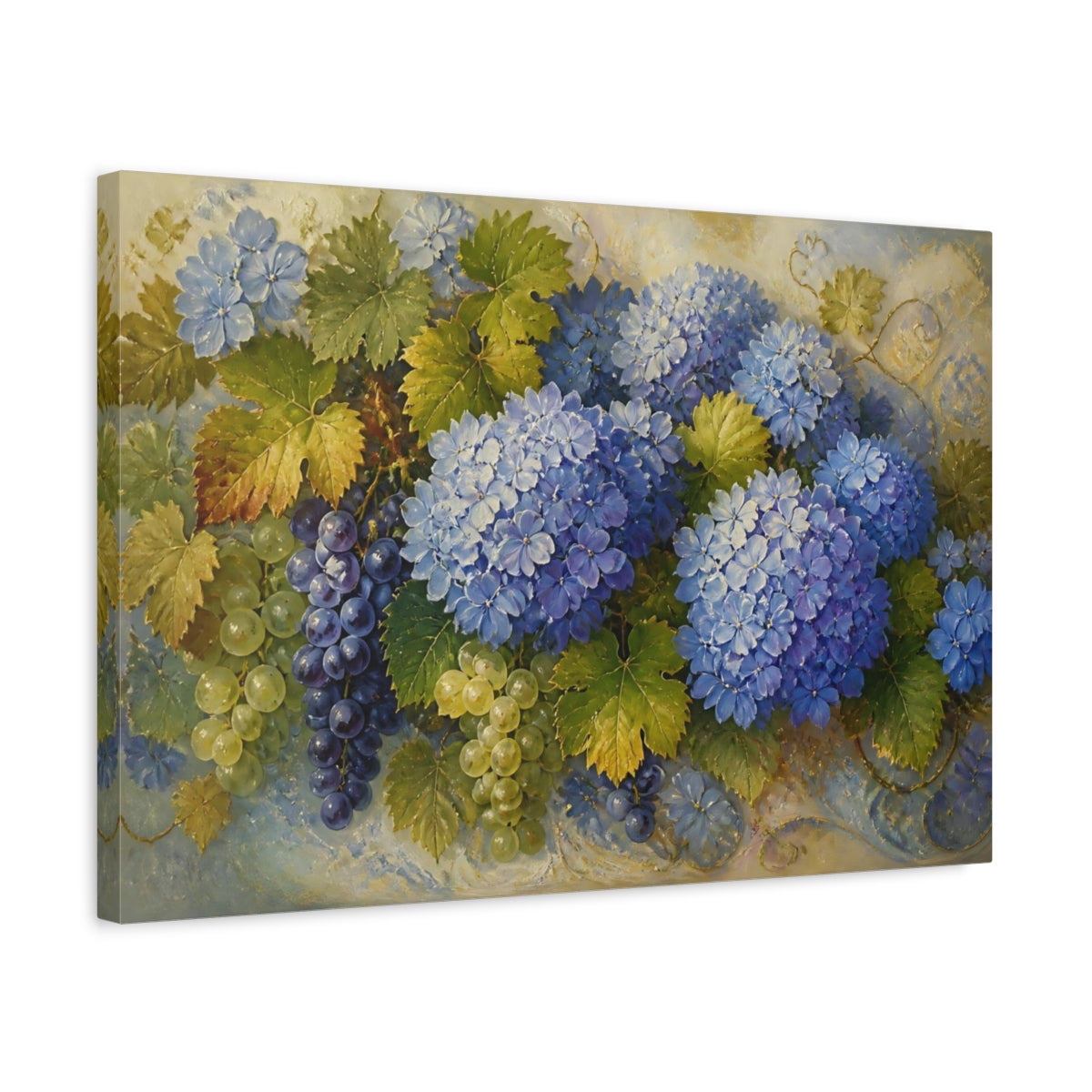 Side Mockup 3. Blue Hydrangeas And Grapes shown as canvas print
