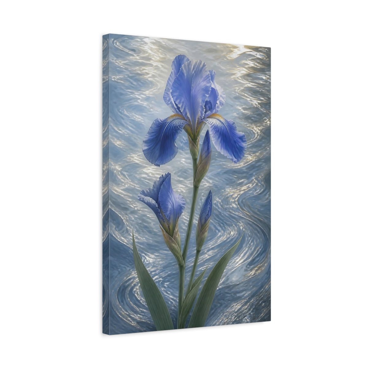 Side Mockup 3. Blue Iris Flowers shown as canvas print