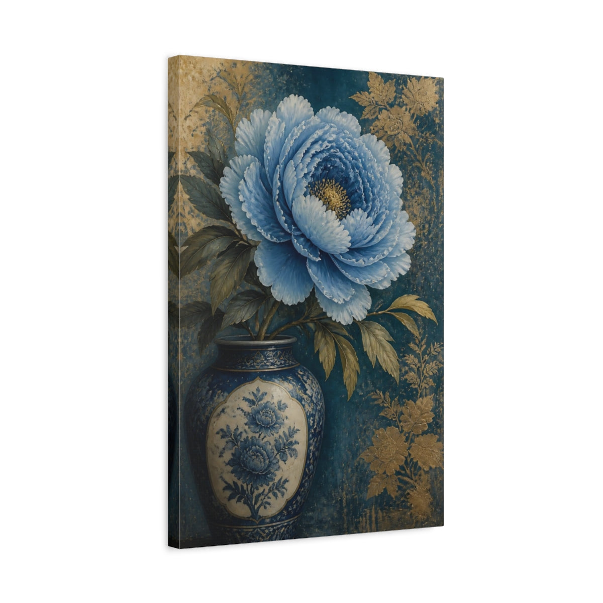 Side Mockup 3. Blue Peony Floral Still Life shown as canvas print