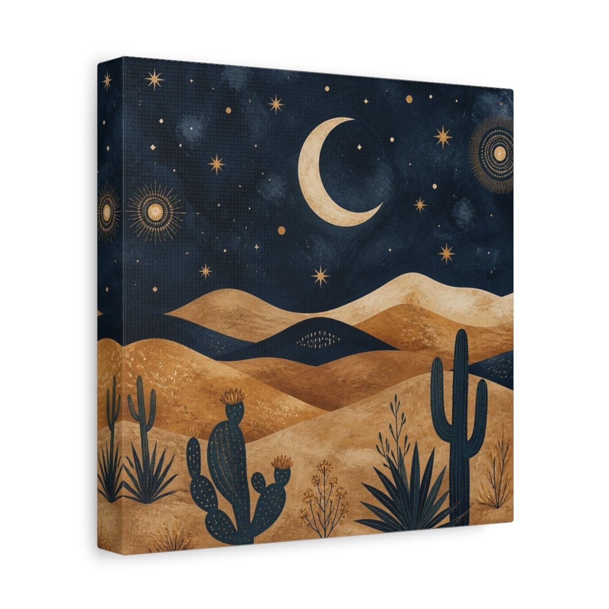 Boho Crescent Moon Desert Canvas Print – Bedroom, Above Bed, Midnight Blue & Bronze - YesArtYes