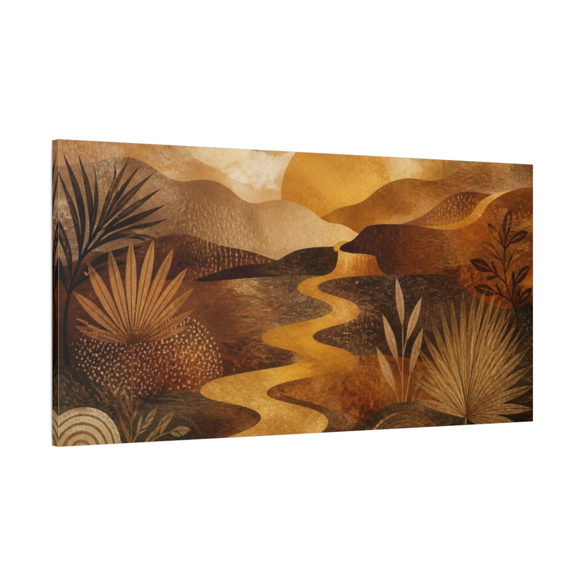 Side Mockup 2. Boho Golden River Sunset shown as canvas print