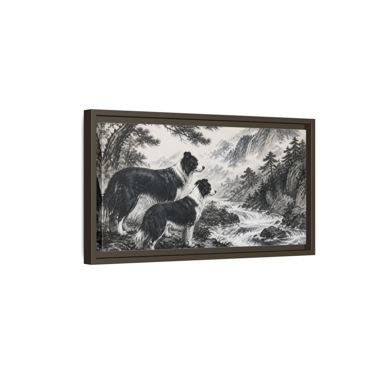 Side Mockup 7. Border Collies Pets By Mountain Stream shown as framed canvas print
