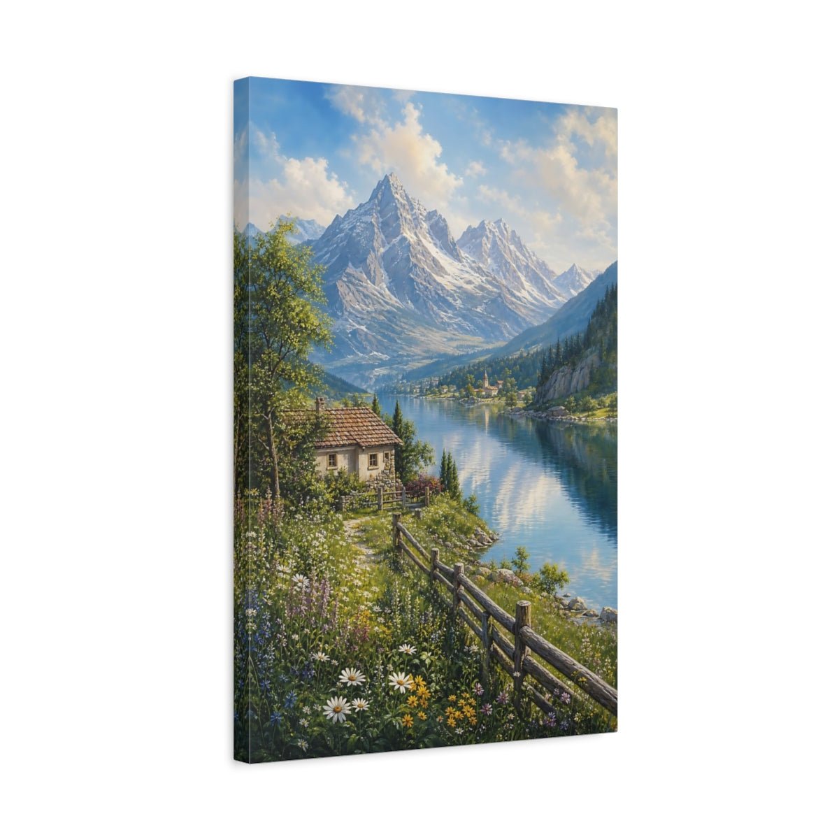 Botanical - Meadow Landscape Painting Alpine Lake Reflecting Canvas Print – Living Room, Above Console Table - YesArtYes