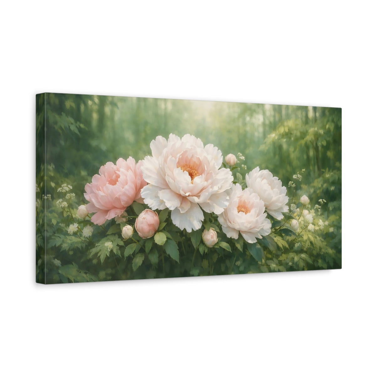 Side Mockup 3. Floral Peony Flowers Pink Peony Garden shown as stretched canvas wall art