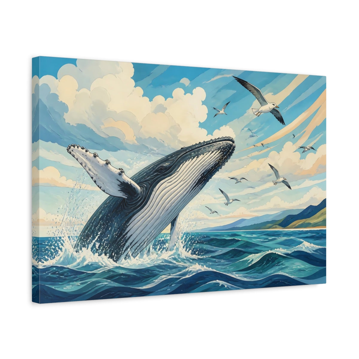 Side Mockup 3. Breaching Humpback With Seagulls shown as canvas print