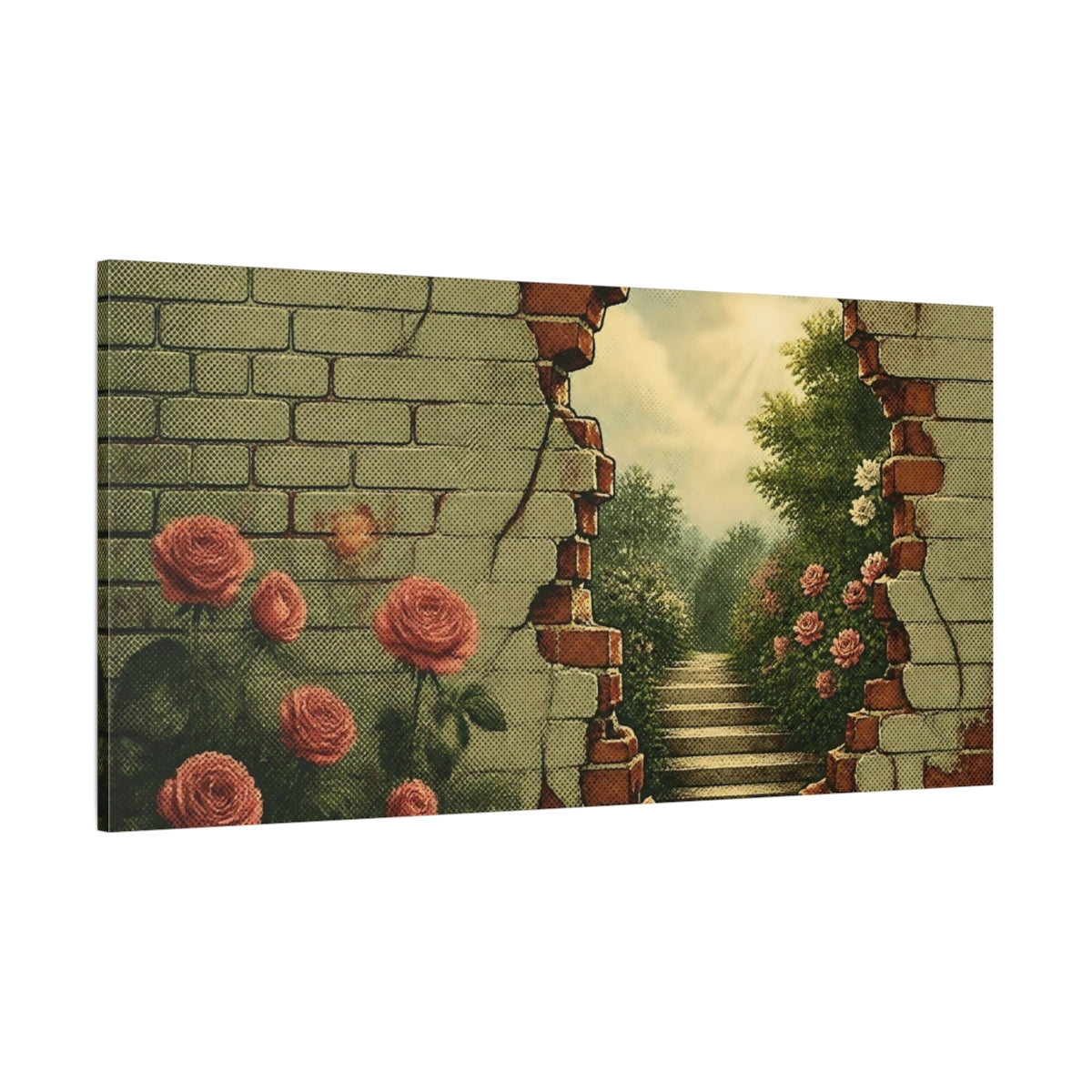 Side Mockup 2. Brick Wall Garden View shown as canvas print