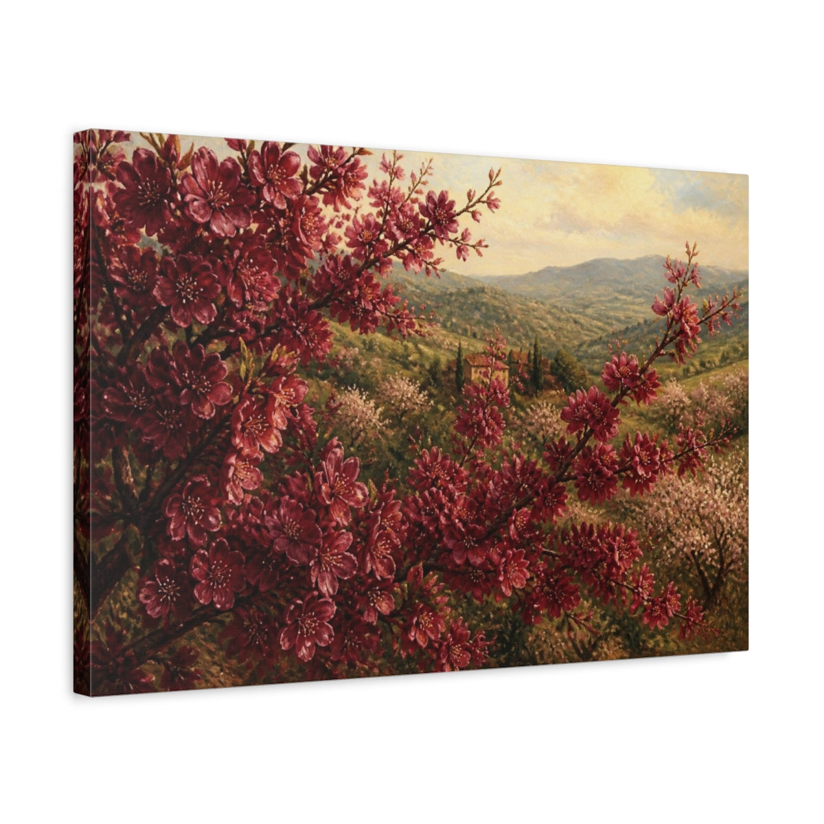 Side Mockup 3. Burgundy Cherry Flowers shown as canvas print
