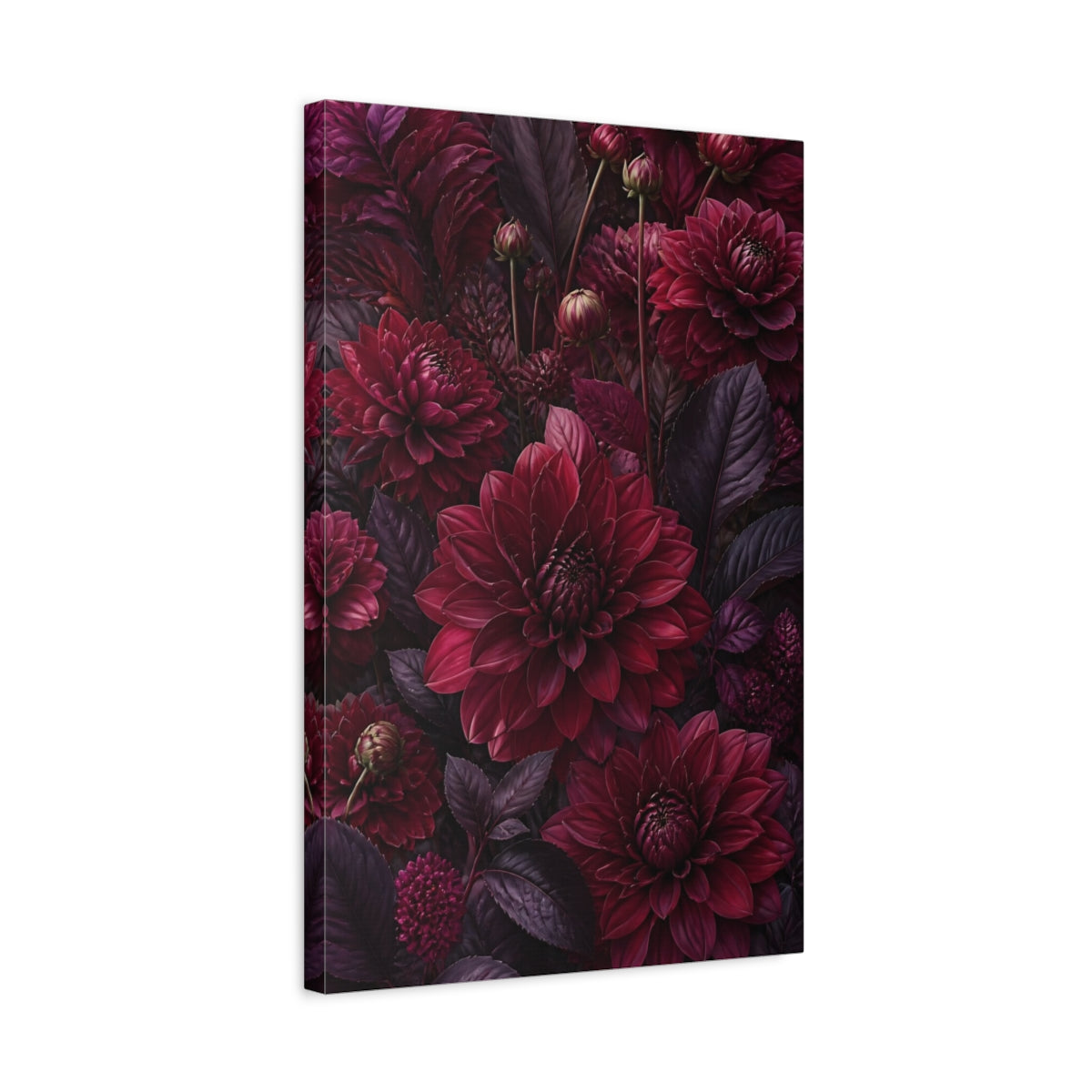 Side Mockup 3. Burgundy Dahlia Flowers shown as canvas print