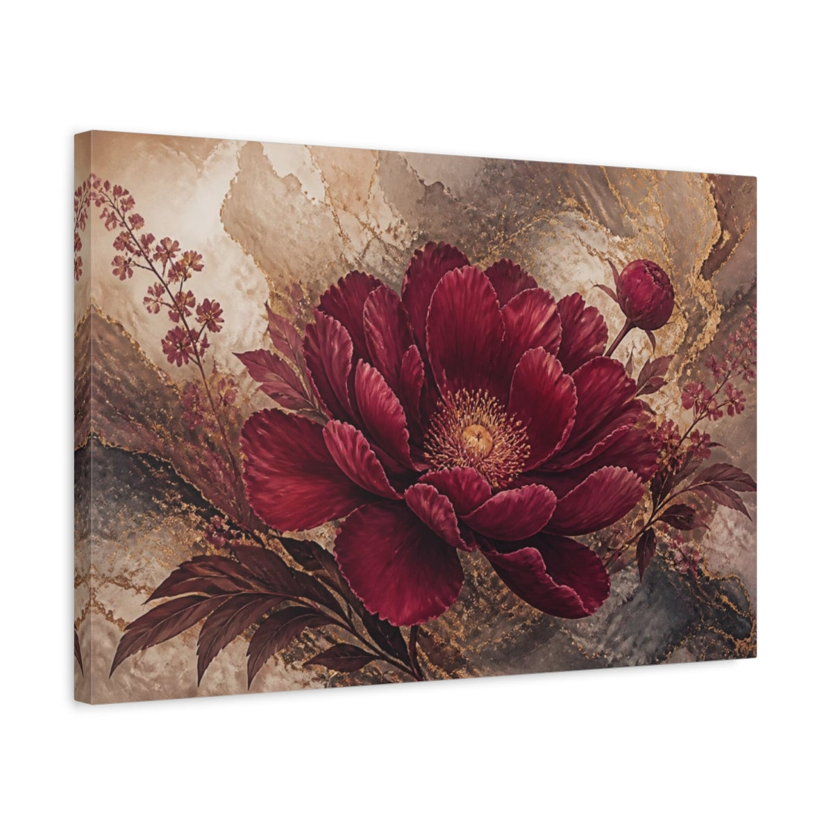 Side Mockup 3. Burgundy Floral Peony shown as canvas print