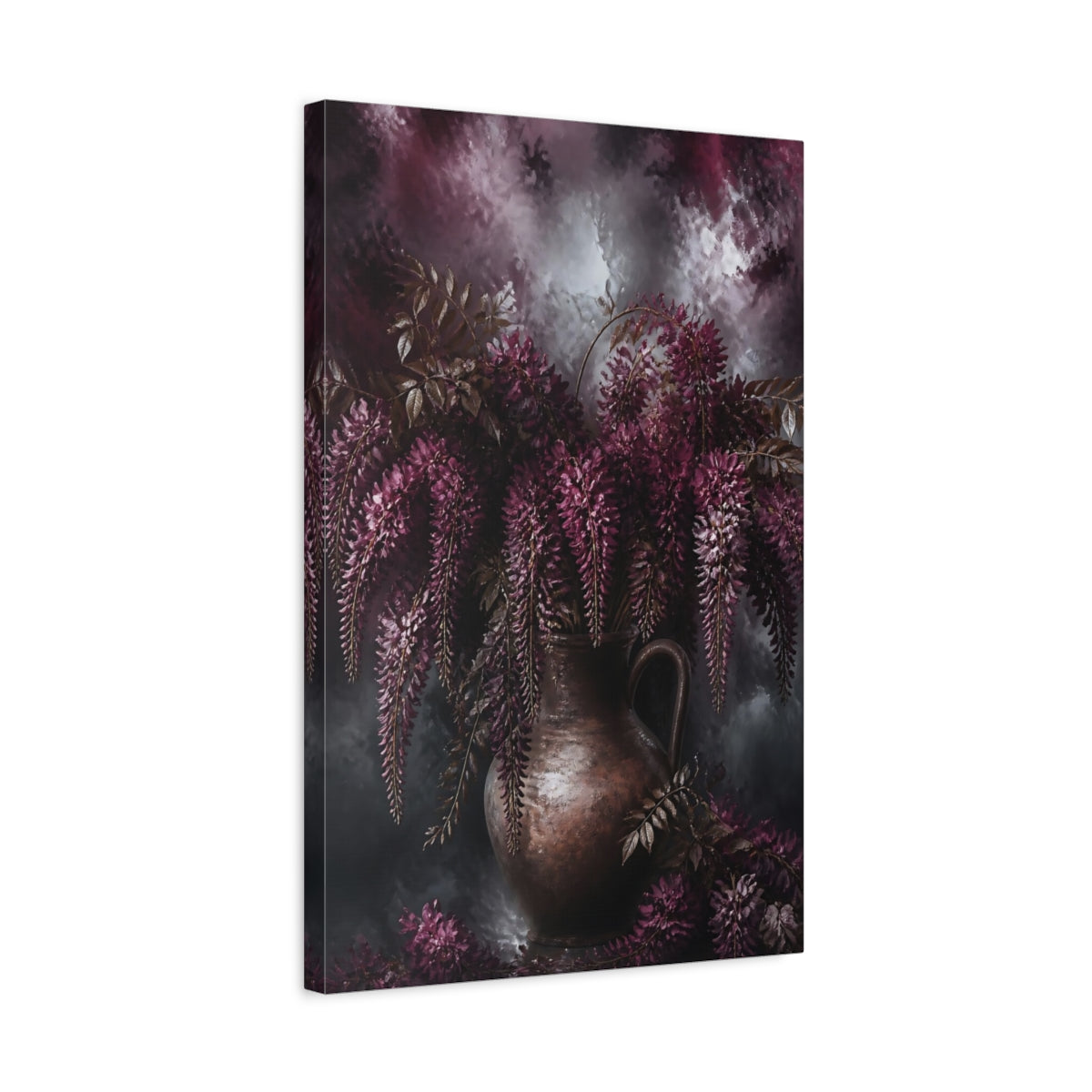 Side Mockup 3. Burgundy Wisteria Flowers shown as canvas print