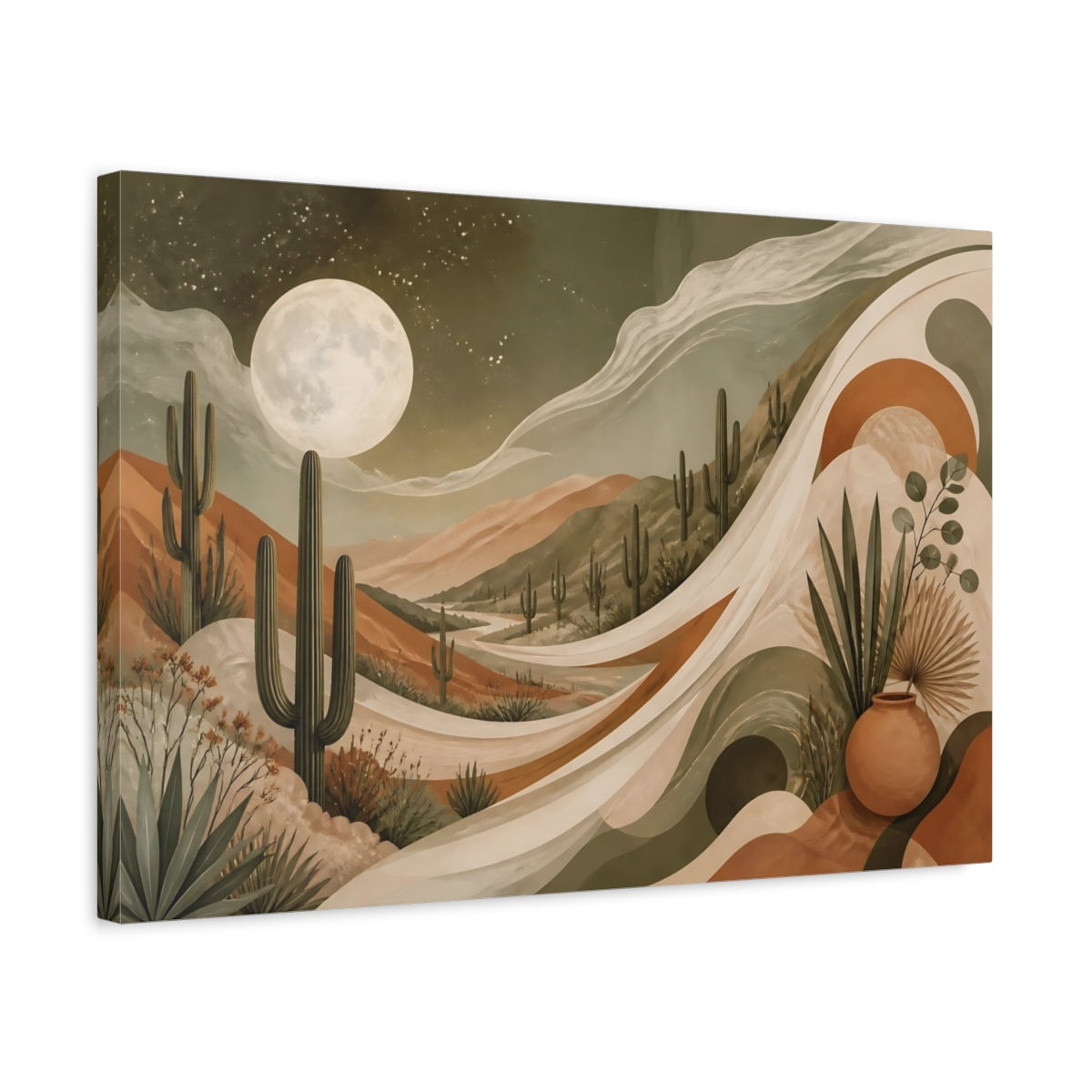Side Mockup 3. Cactus Moon Landscape shown as canvas print
