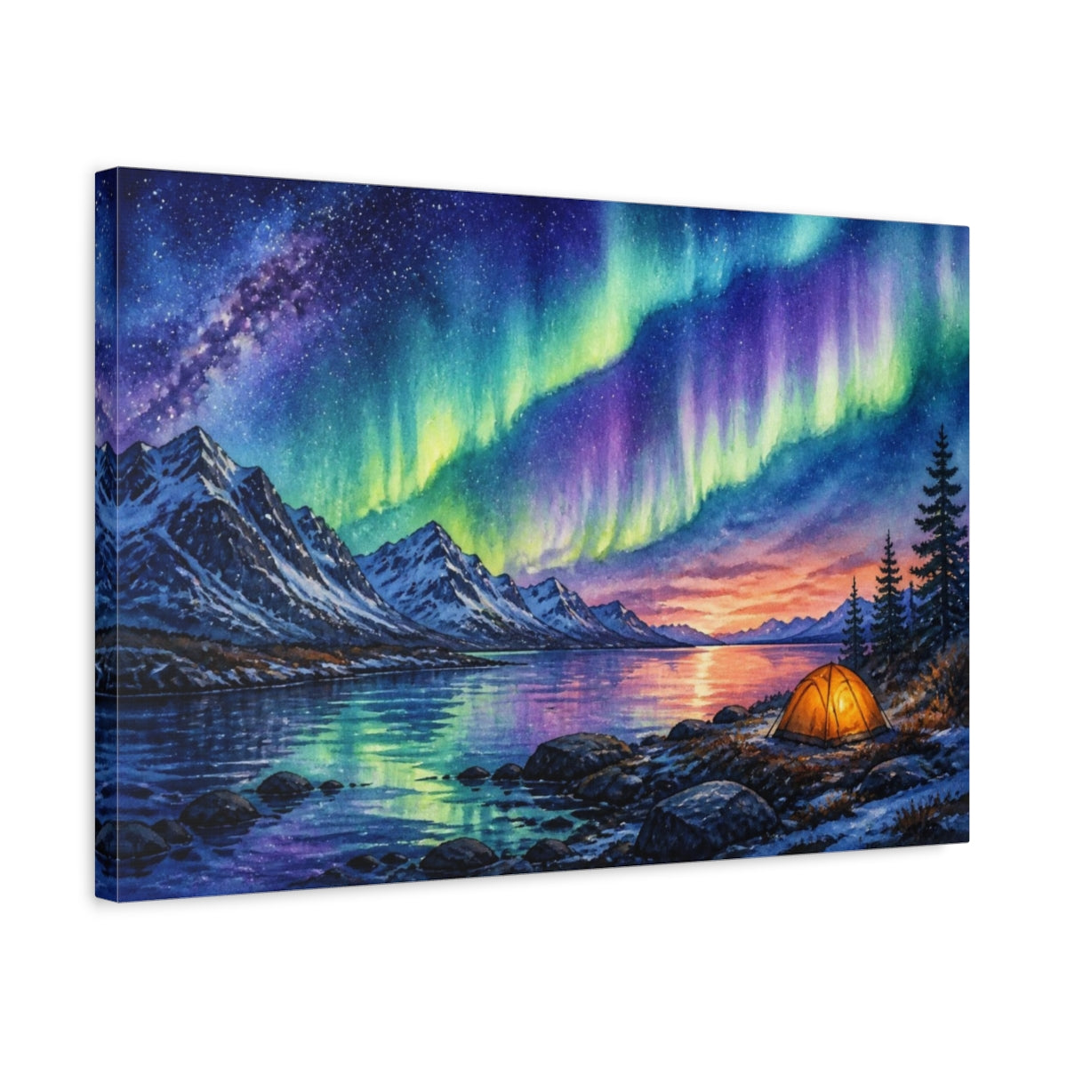 Side Mockup 3. Camp Under Northern Lights shown as canvas print