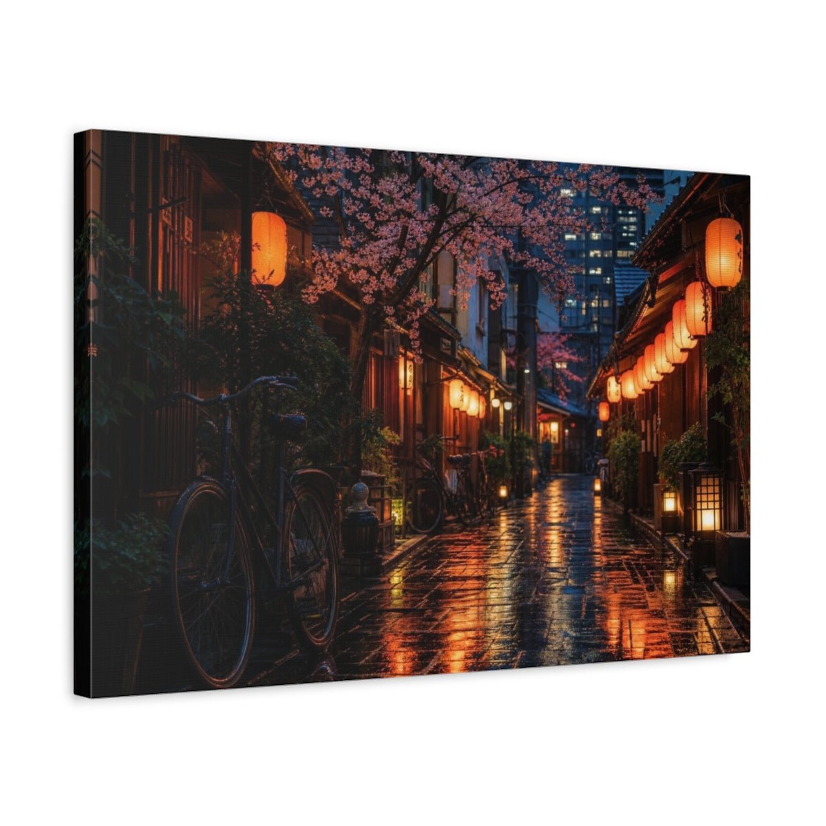 Cherry Blossom Lantern Alley Canvas Print – Living Room, Above Console Table, Warm Orange, Pink, Deep Blue - YesArtYes