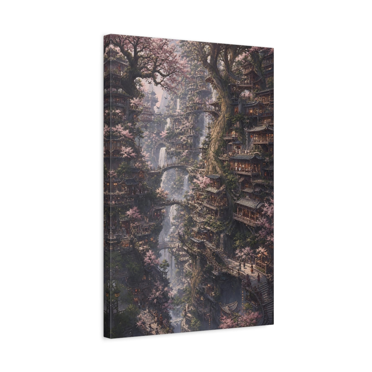 Side Mockup 3. Cherry Blossom Tree Village shown as canvas print