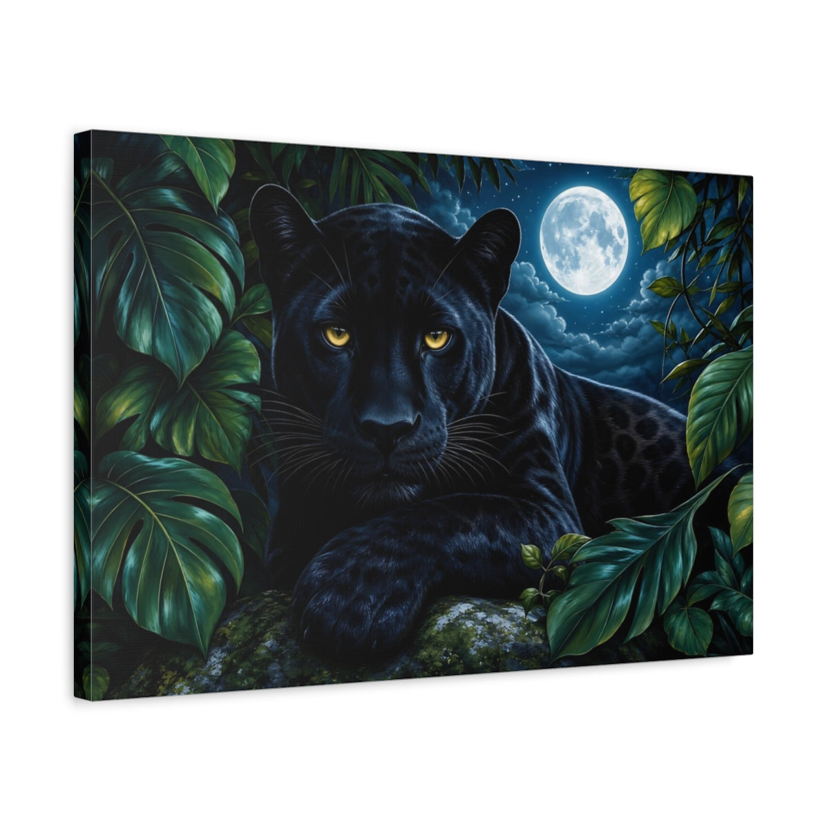 Side Mockup 3. Cinematic Nature Realism Black Panther Beneath Moonlit Jungle Leaves shown as stretched canvas wall art