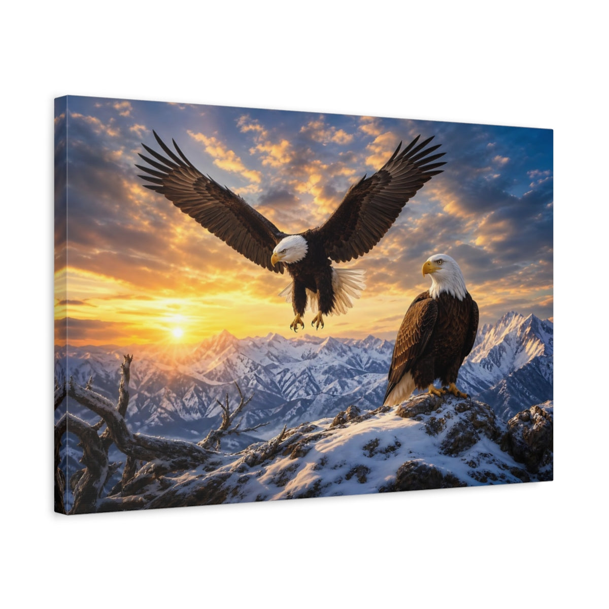Side Mockup 3. Cinematic Nature Realism Eagle Pair Over Snowy Ridge shown as stretched canvas wall art