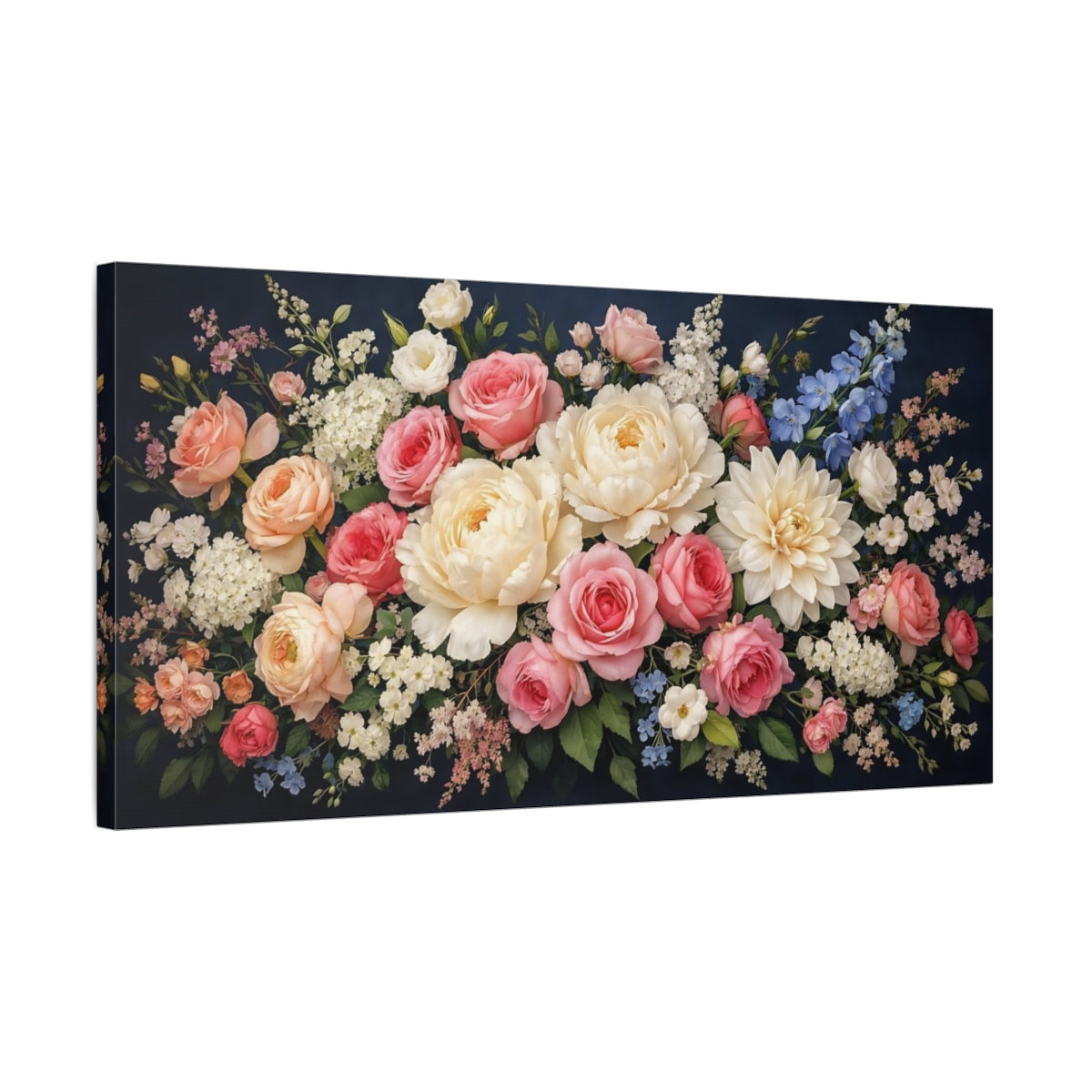 Side Mockup 2. Floral Mixed Flowers Pink White Floral shown as stretched canvas wall art