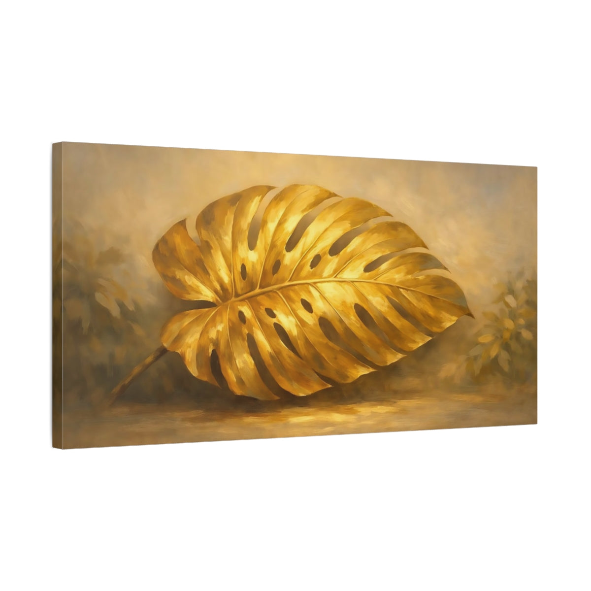 Side Mockup 2. Nature Golden Monstera Golden Monstera shown as stretched canvas wall art