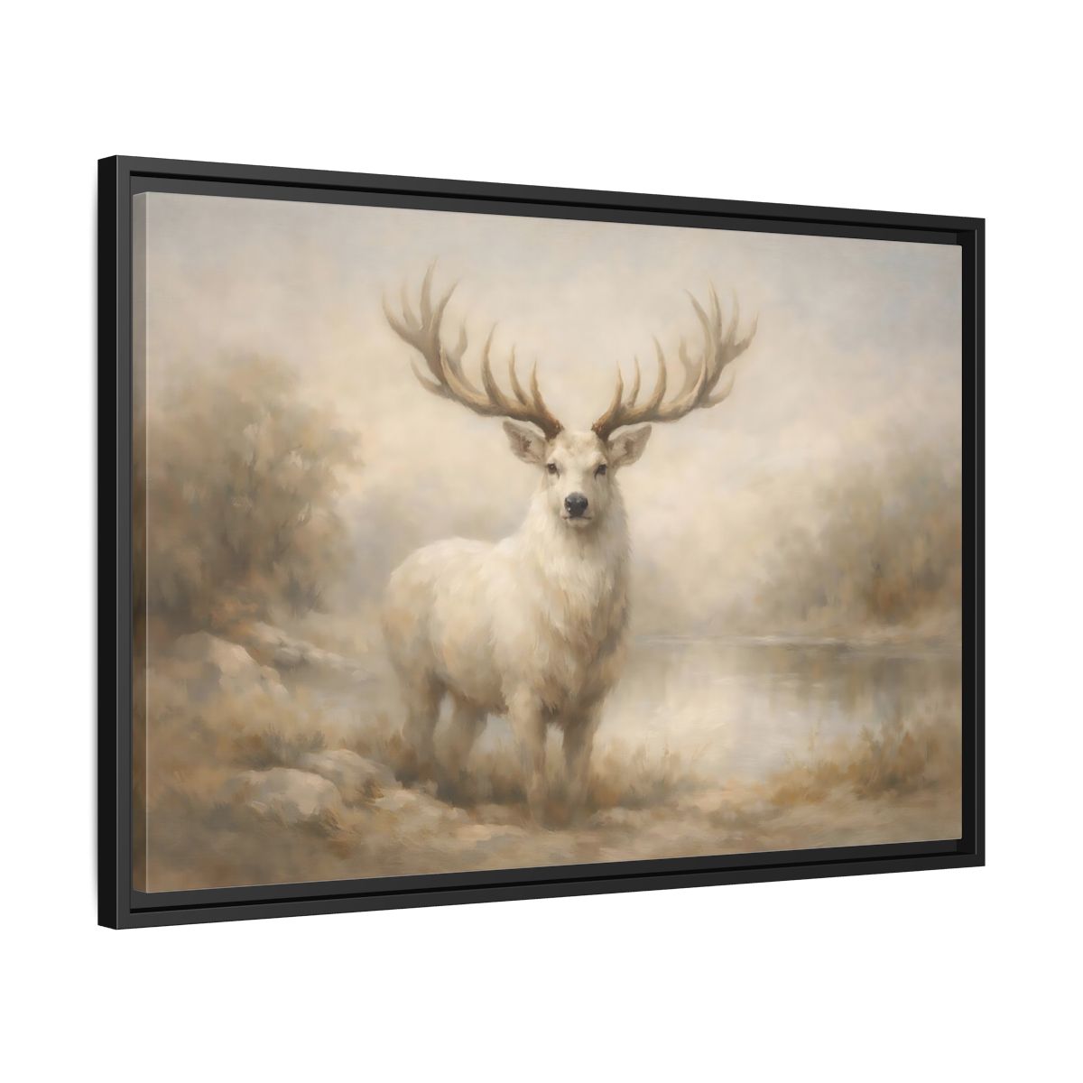 Side Mockup 14. Animals White Stag White Stag shown as stretched canvas wall art