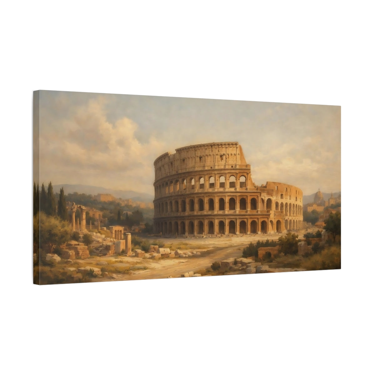 Side Mockup 2. Vintage Colosseum Colosseum Brown shown as stretched canvas wall art