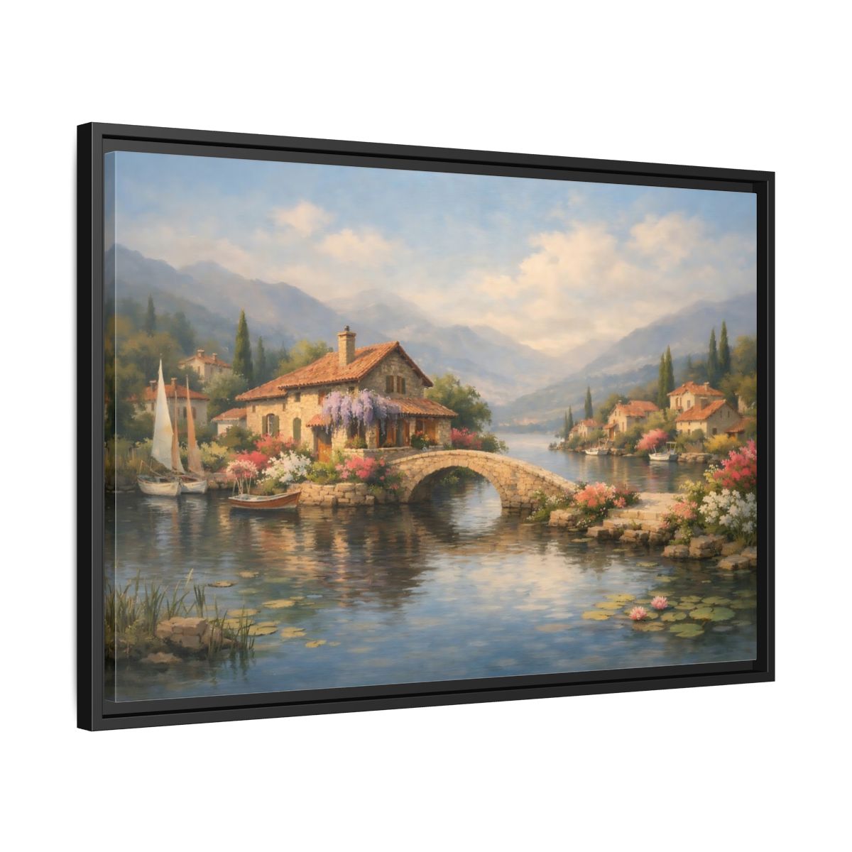 Side Mockup 14. Nature Lakeside Village Lakeside Village shown as stretched canvas wall art