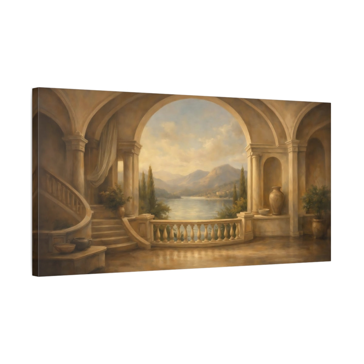Side Mockup 2. Nature Lake Vista Warm Mediterranean shown as stretched canvas wall art