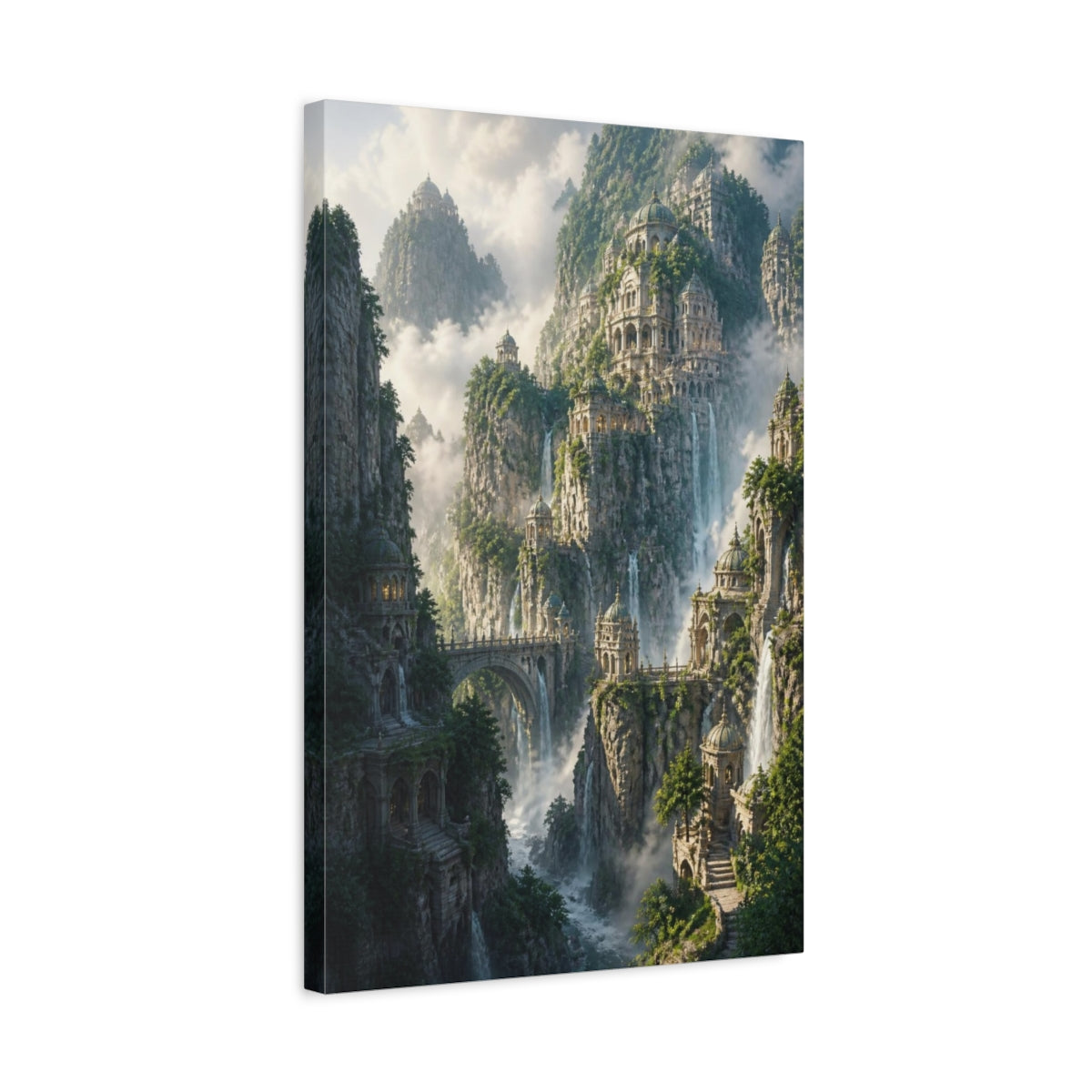 Side Mockup 3. Cliff Citadel At Dawn shown as canvas print