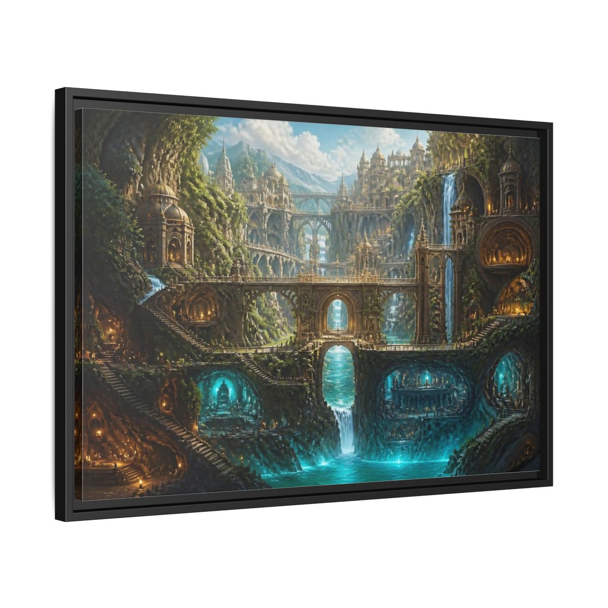 Side Mockup 14. Cliff City Of Bridges shown as framed canvas print