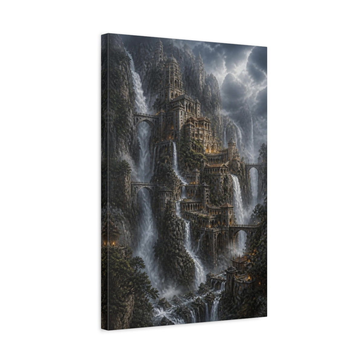 Side Mockup 3. Cliffside Waterfall Citadel shown as canvas print
