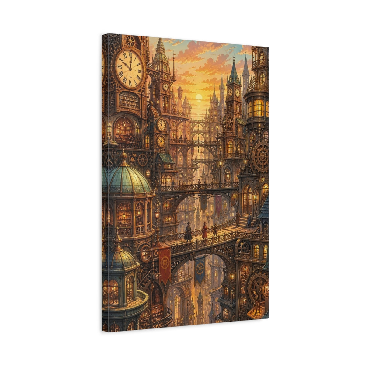 Side Mockup 3. Clockwork City At Sunset shown as canvas print