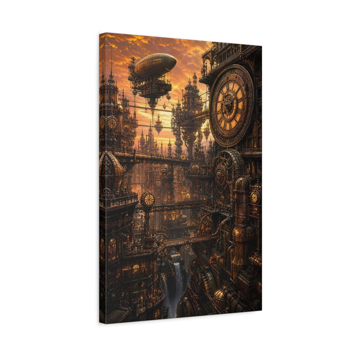 Side Mockup 3. Clockwork Metropolis At Dusk shown as canvas print