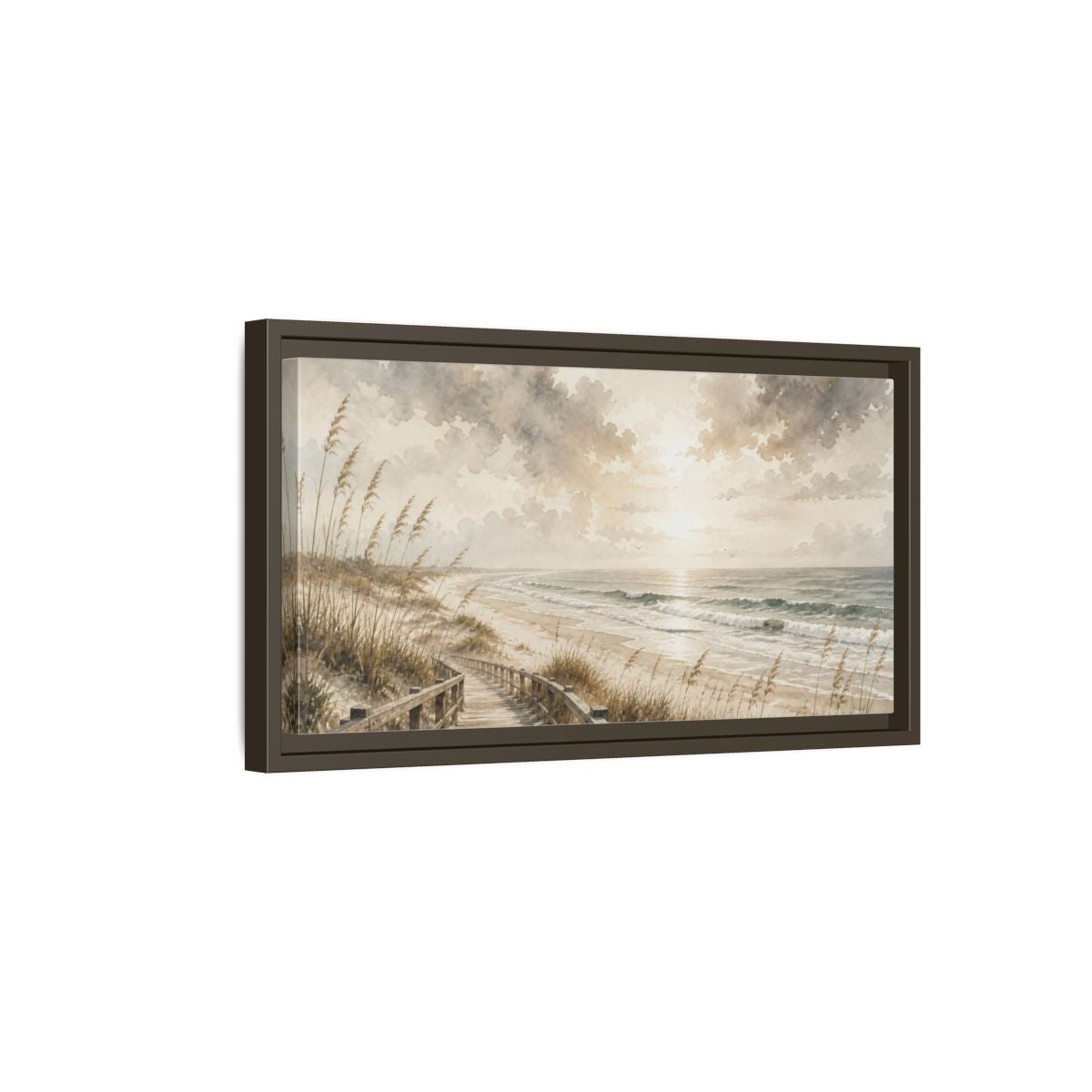 Side Mockup 7. Coastal Boardwalk View shown as framed canvas print