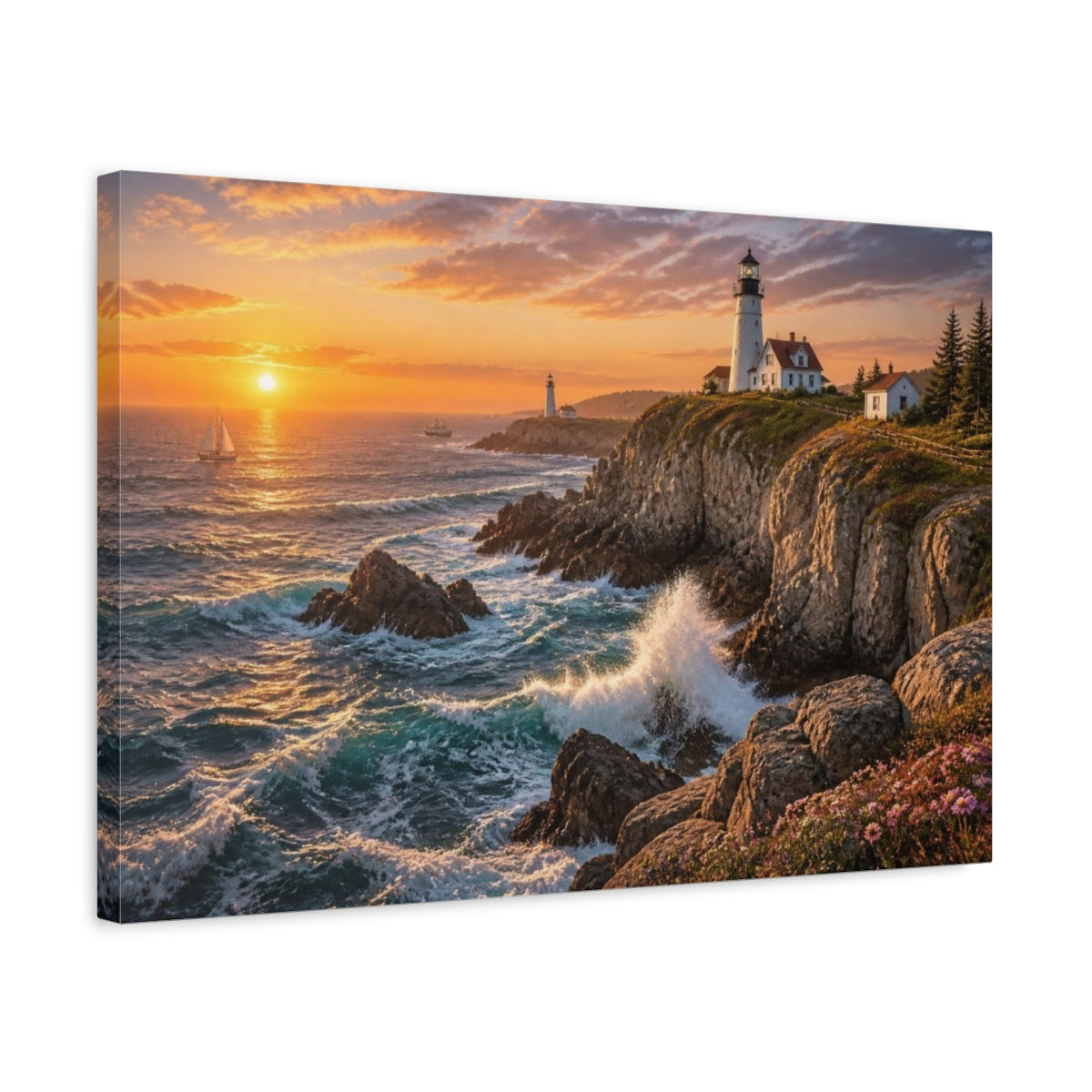 Side Mockup 3. Coastal Lighthouse Sunset Landscape shown as canvas print