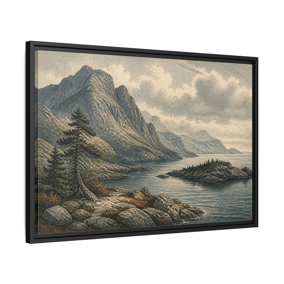Side Mockup 14. Coastal Mountain Landscape shown as framed canvas print