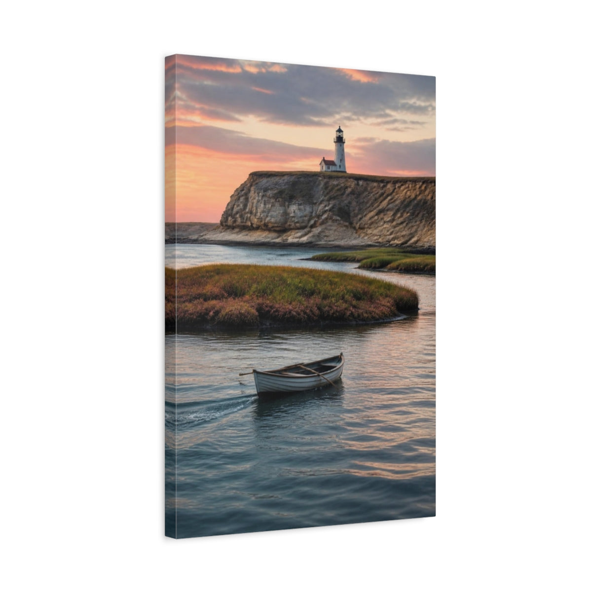 Side Mockup 3. Coastal Rowboat At Sunset shown as canvas print