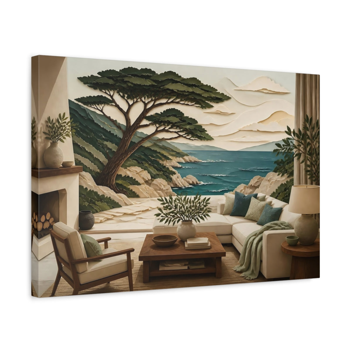 Side Mockup 3. Coastal Tree Seascape shown as canvas print