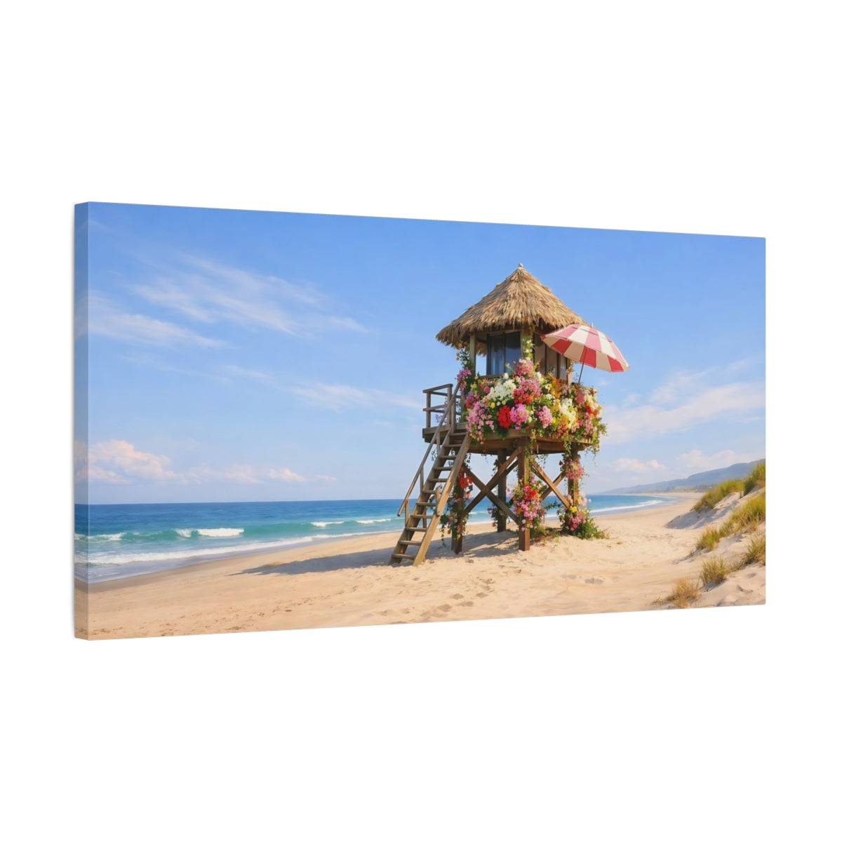 Side Mockup 2. Nature Floral Beach Hut Coastal Floral Hut shown as stretched canvas wall art