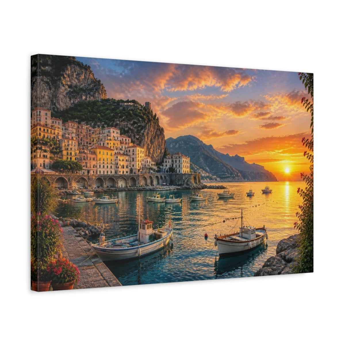 Side Mockup 3. Coastal Village Landscape shown as canvas print