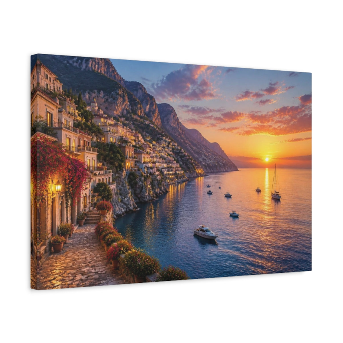 Side Mockup 3. Coastal Village Landscape shown as canvas print