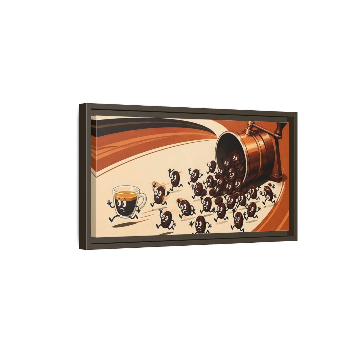 Side Mockup 7. Coffee Beans On The Run shown as framed canvas print