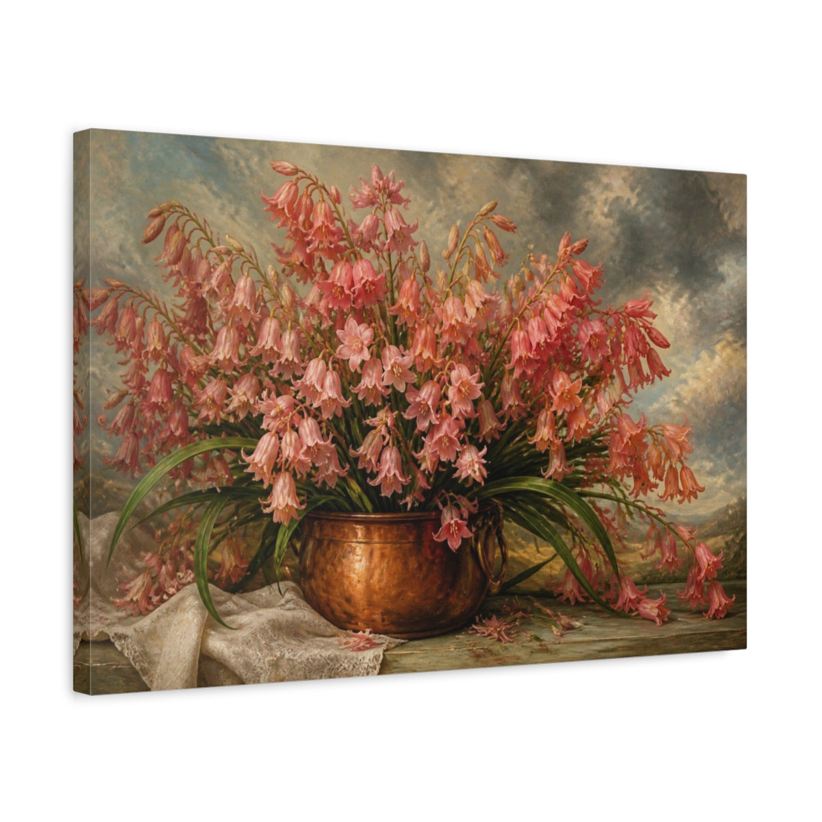 Side Mockup 3. Coral Bluebell Flowers In Copper Pot shown as canvas print