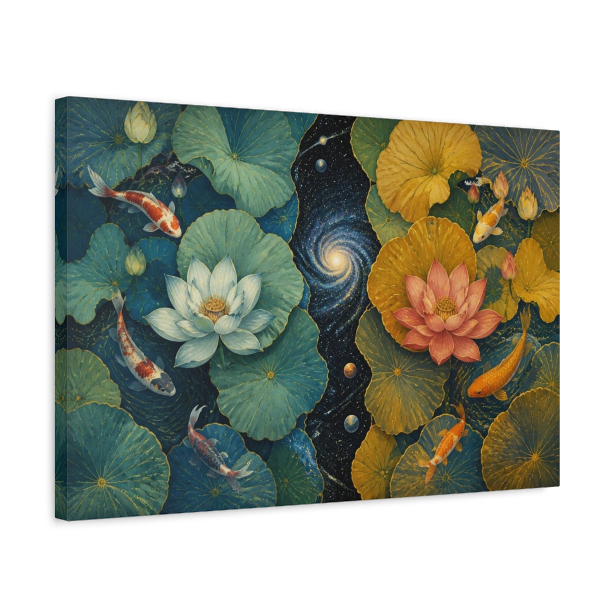 Side Mockup 3. Cosmic Lotus Pond shown as canvas print
