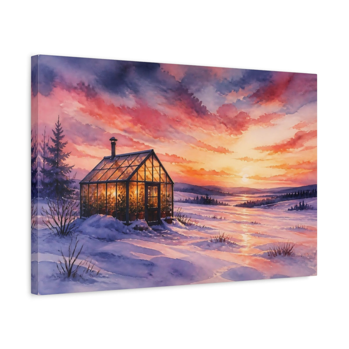 Side Mockup 3. Cozy Glass Greenhouse Sunset shown as canvas print