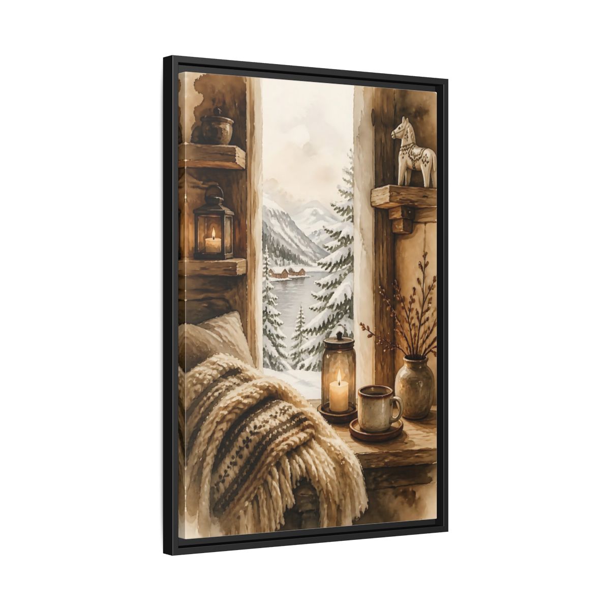 Side Mockup 14. Cozy Winter Window View shown as framed canvas print