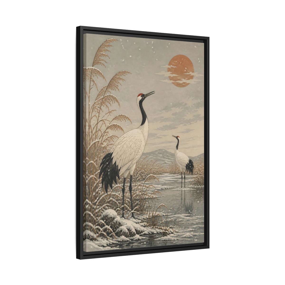 Side Mockup 14. Cranes At Winter Marsh shown as framed canvas print