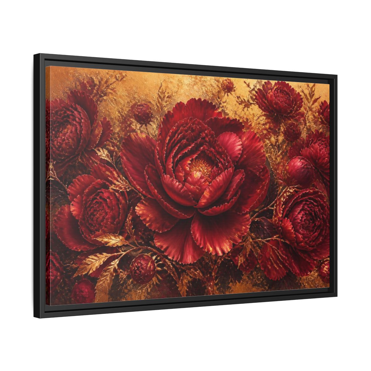 Side Mockup 14. Crimson Peony Floral Bloom shown as framed canvas print