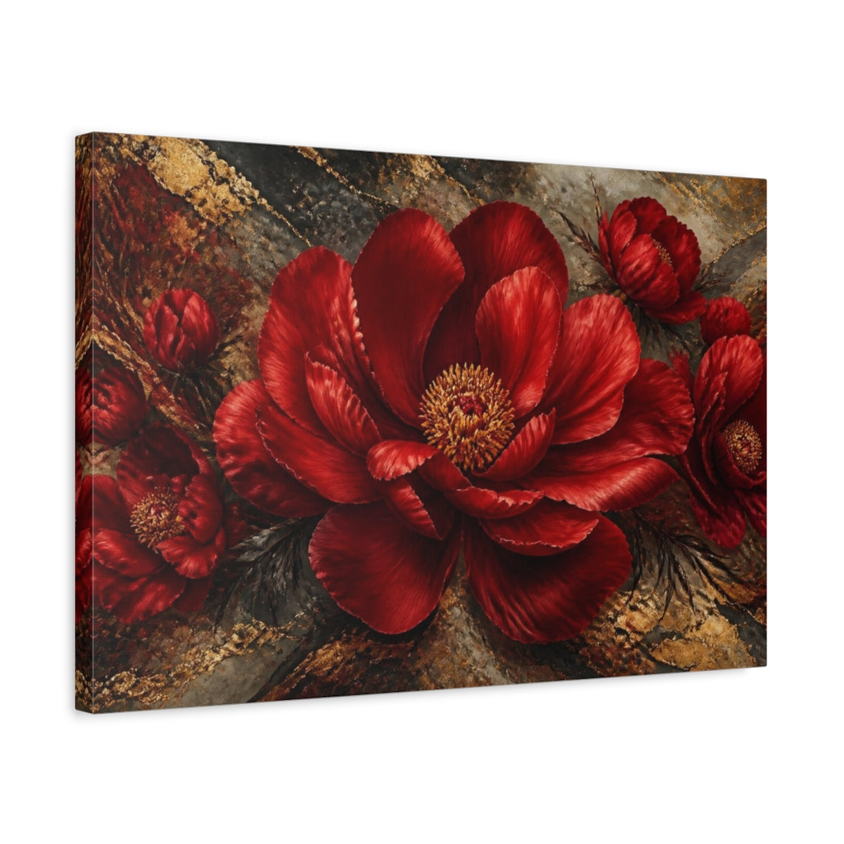Side Mockup 3. Crimson Peony With Gold Veins shown as canvas print