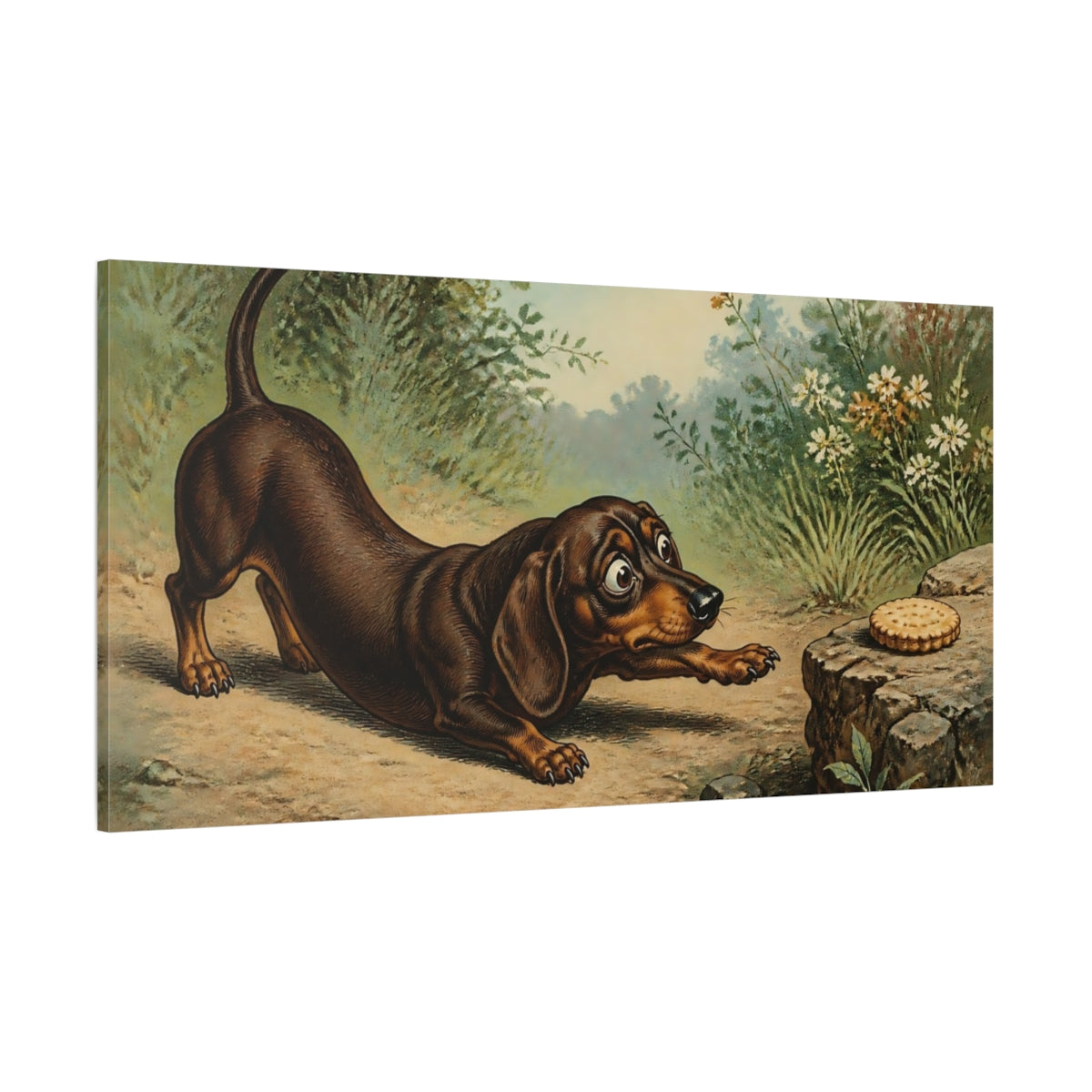 Side Mockup 2. Dachshund And Biscuit shown as canvas print